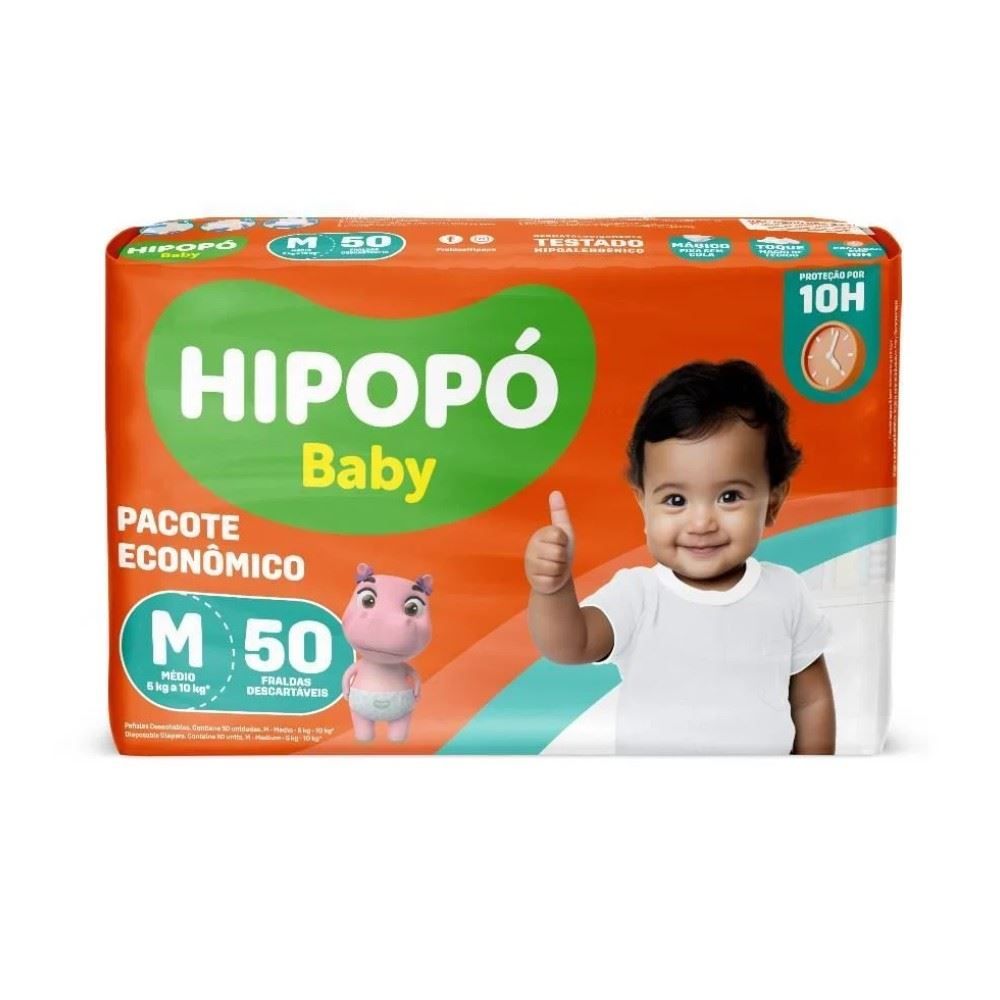 Fraldas Descartáveis Pacote Econômico M Hipopó Baby  - 50 unidades