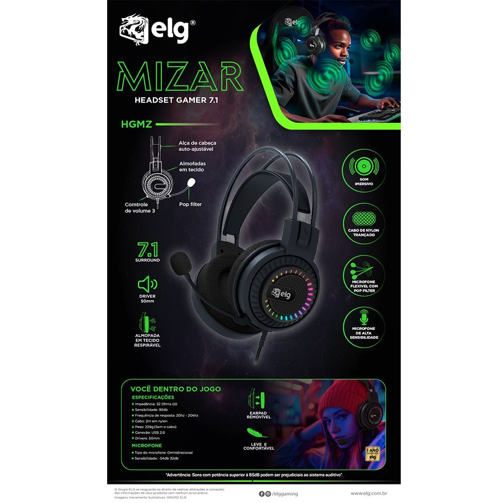 Headset Gamer Elg Mizar 7.1 3D
