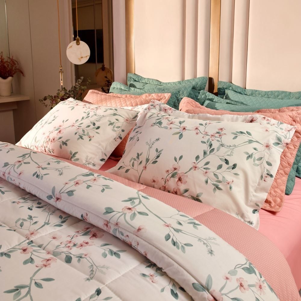 Jogo de Cama Casal Percal Buona Fortuna 4 pçs - Aurora Poa Rosa