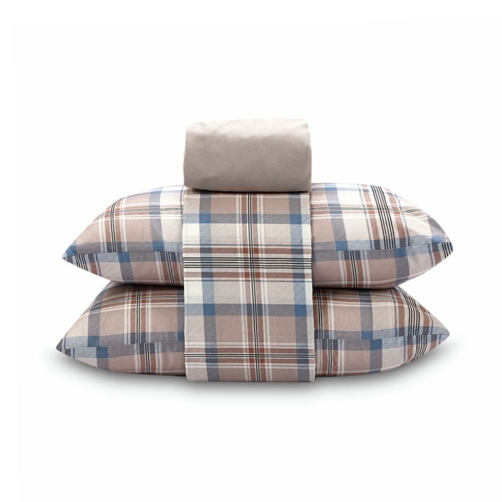 Jogo De Cama Queen 100% Algodão Royale 4 Peças - Jaqueline Xadrez Bege