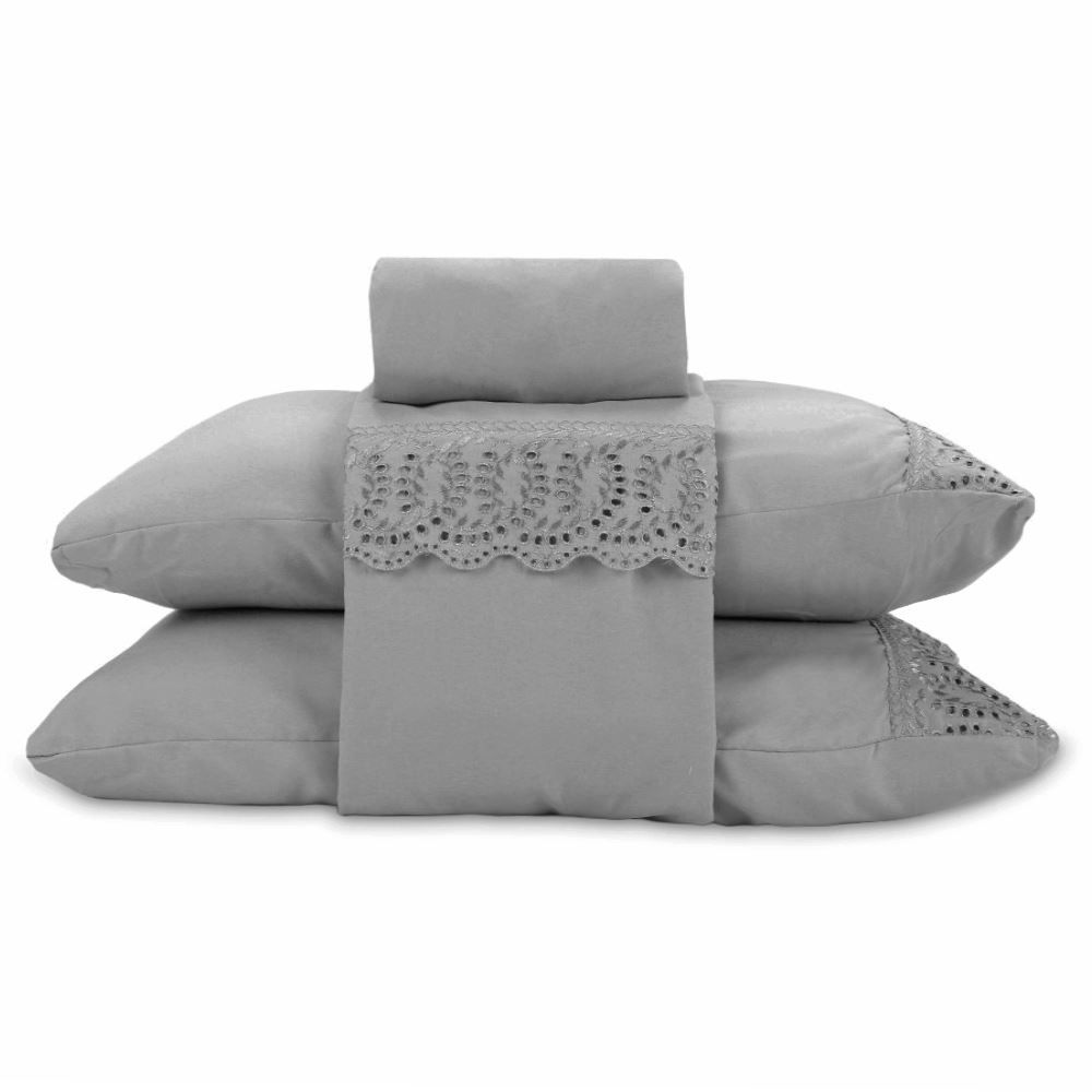 Jogo de Cama Queen 100% Poliéster com Renda Havan Casa 4 pçs - Cinza Amianto