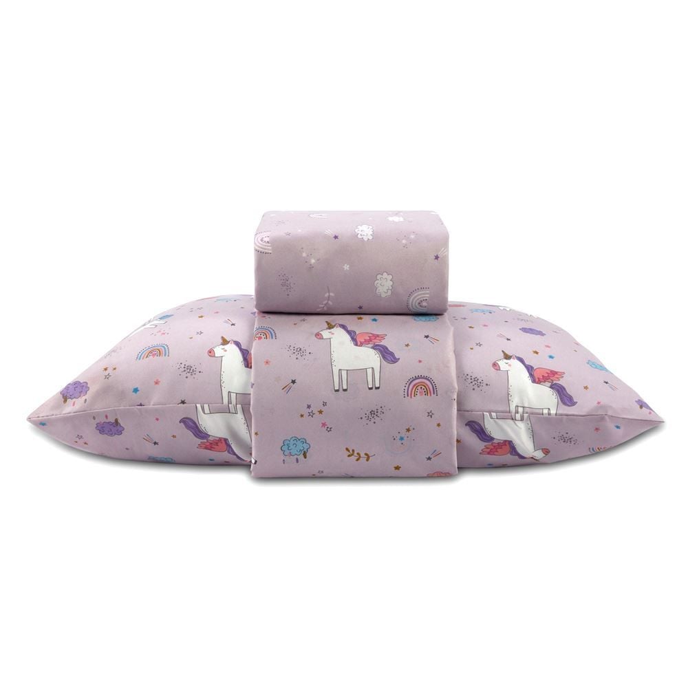  Jogo de Cama Solteiro 150 Fios Havan Kids 3 pçs - Unicórnio Lilás
