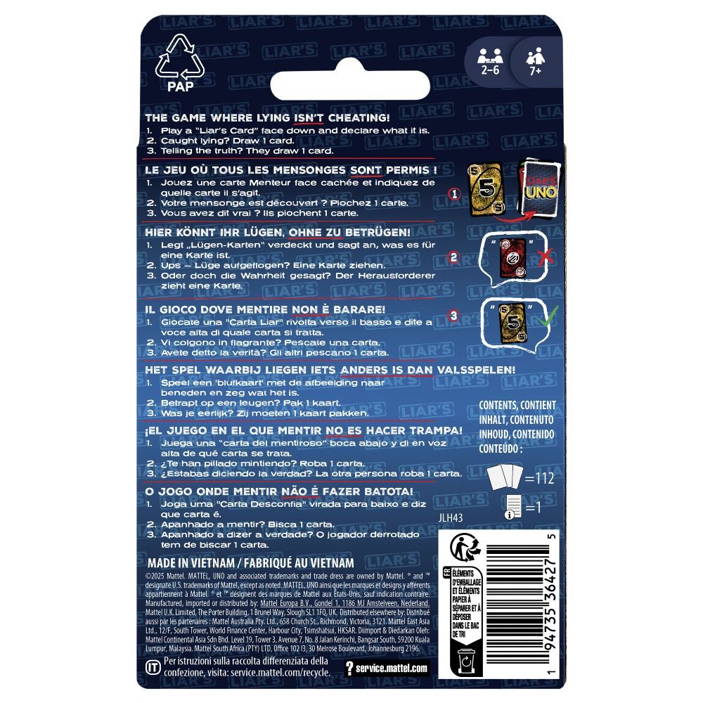 Jogo de Cartas Uno Liar’S Edição Especial Mattel - JLH43