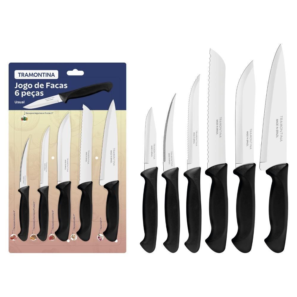 Jogo De Facas Inox Usual Tramontina 6 Peças - Preto