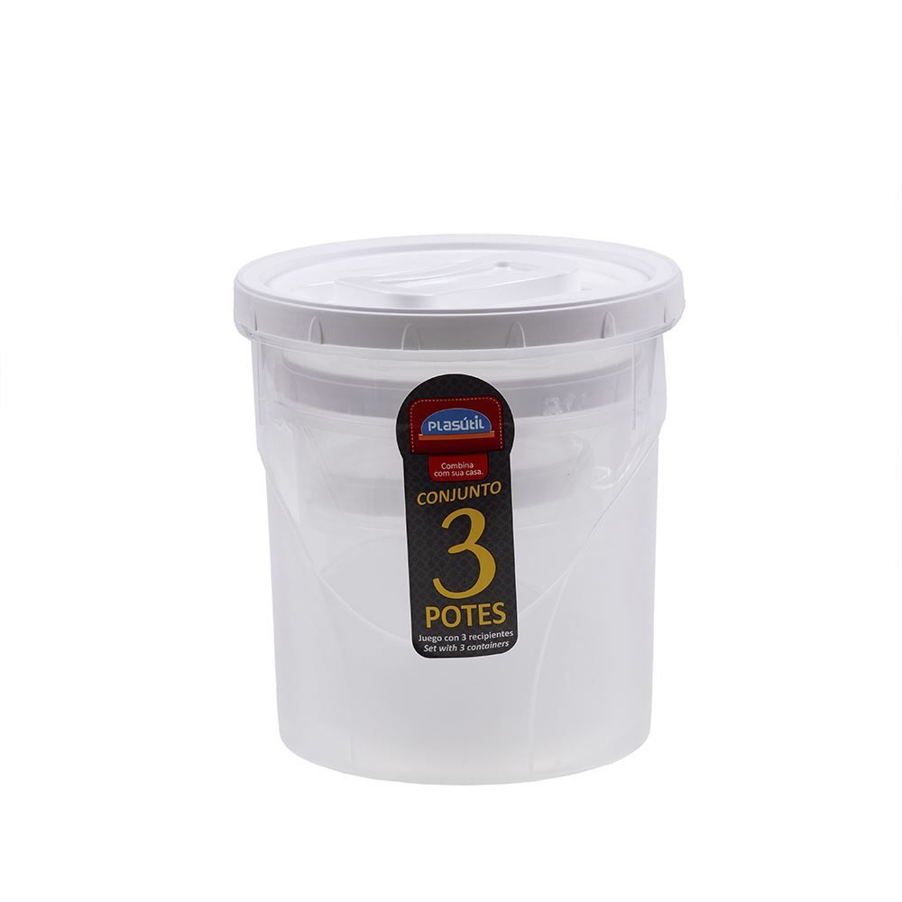 Jogo De Potes Com Tampa Clic 3 Peças Plasútil - Transparente