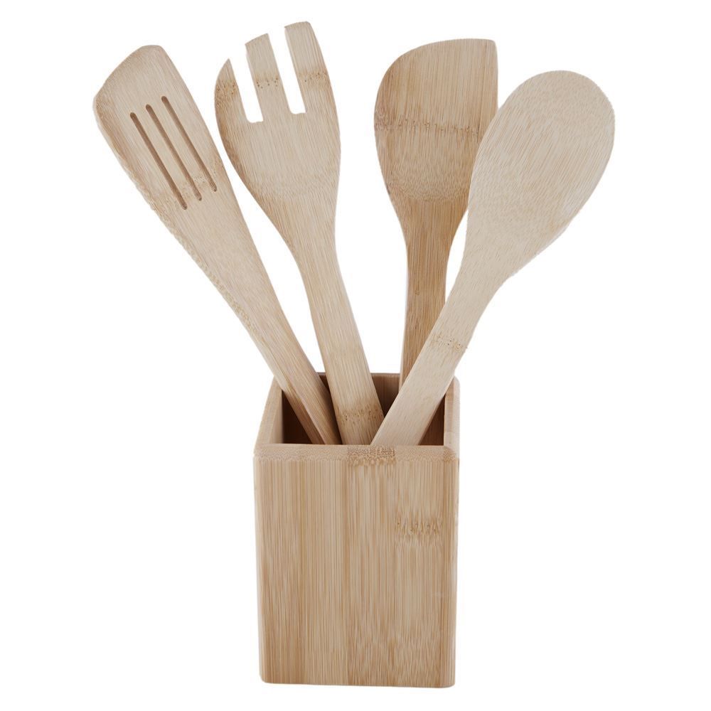 Jogo De Utensílios Com Suporte Finecasa 4 Peças - Bambu