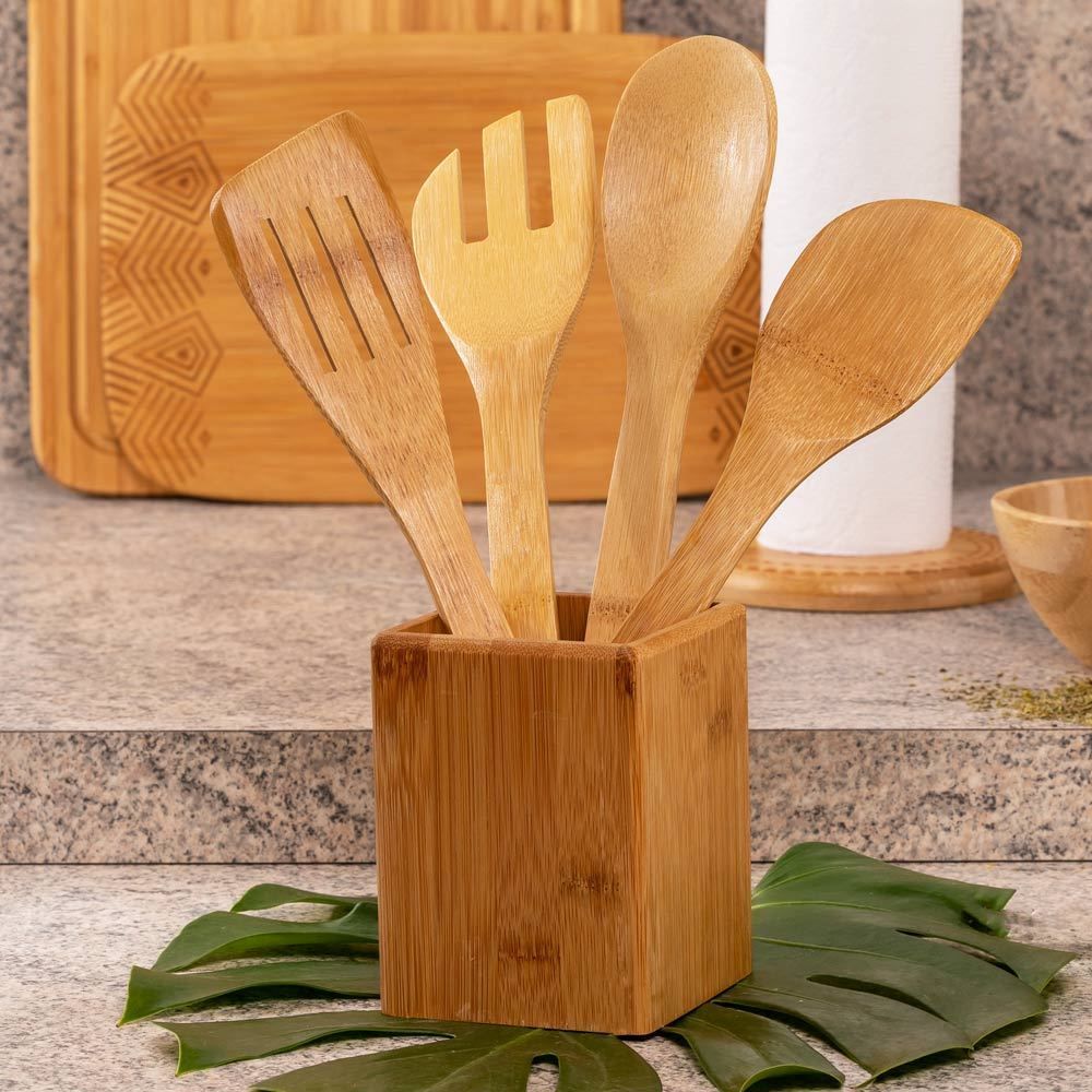 Jogo De Utensílios Com Suporte Finecasa 4 Peças - Bambu
