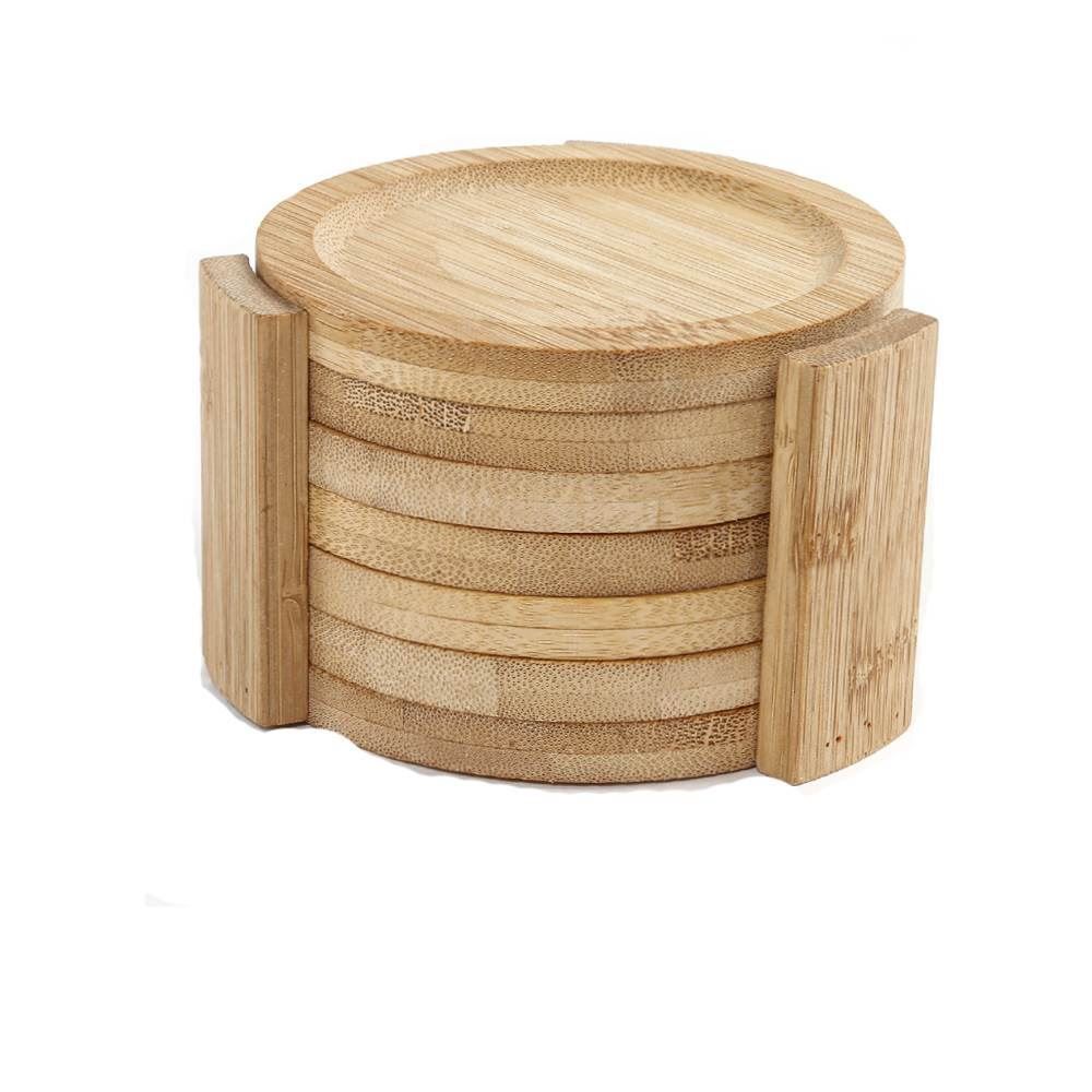 Jogo Descanso De Copos Redondo Com Suporte Ecokitchen Mimo 6 Pçs - Bambu