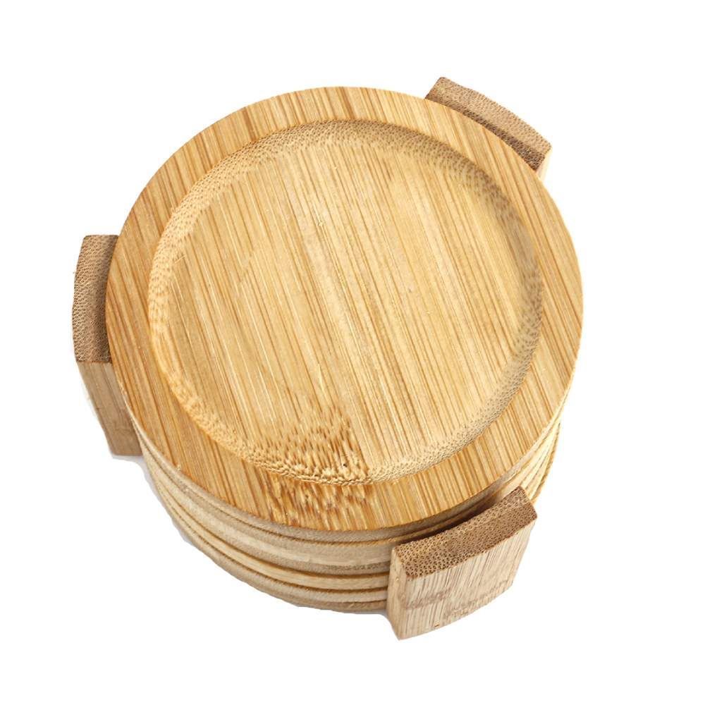 Jogo Descanso De Copos Redondo Com Suporte Ecokitchen Mimo 6 Pçs - Bambu