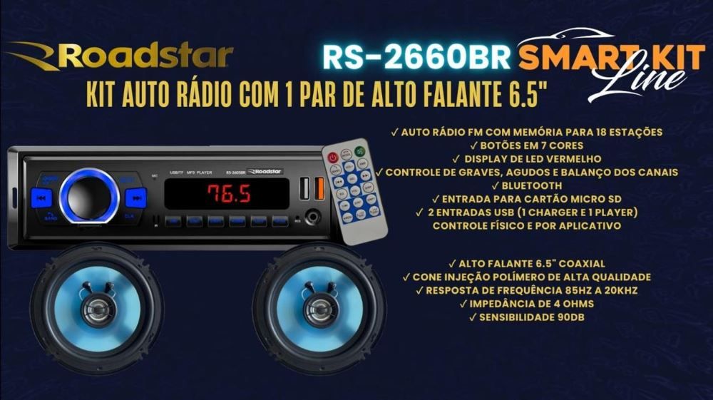 Kit Auto Radio Com Alto Falante 6" Roadstar Rs-2660Br Smart Kit