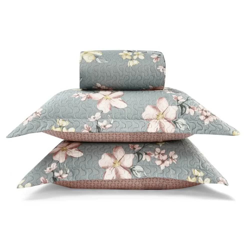 Kit Colcha Casal 100% Poliéster Havan Casa 3 Pçs - Malva Verde Floral
