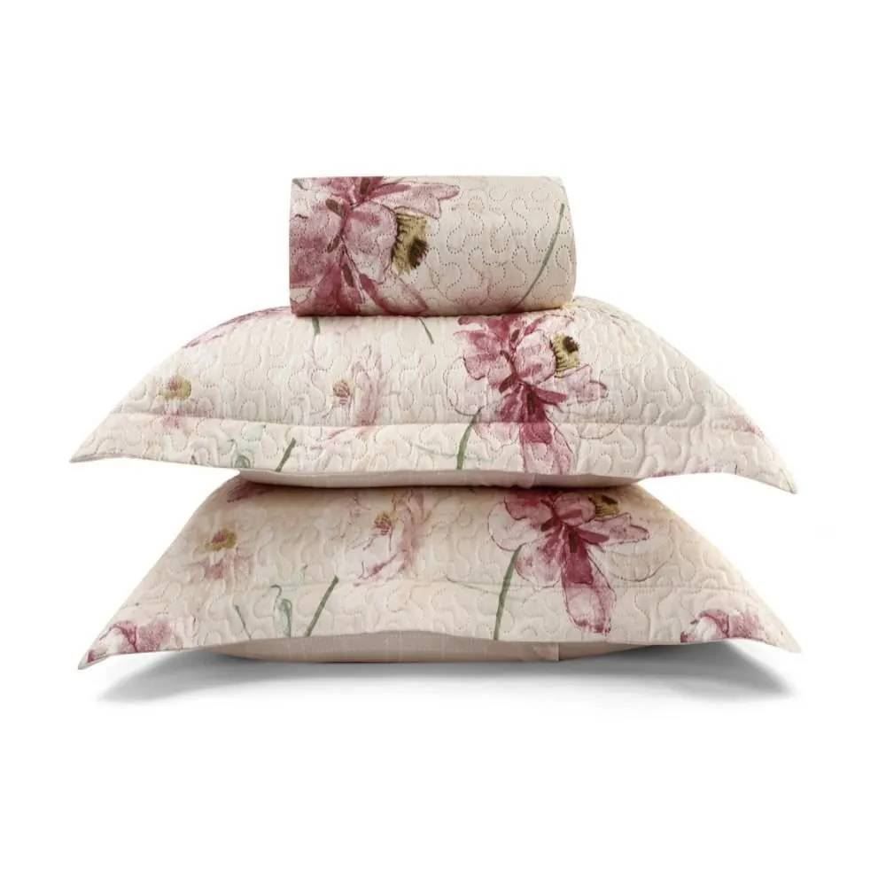 Kit Colcha Casal 100% Poliéster Havan Casa 3 Pçs - Idris Rosa Floral