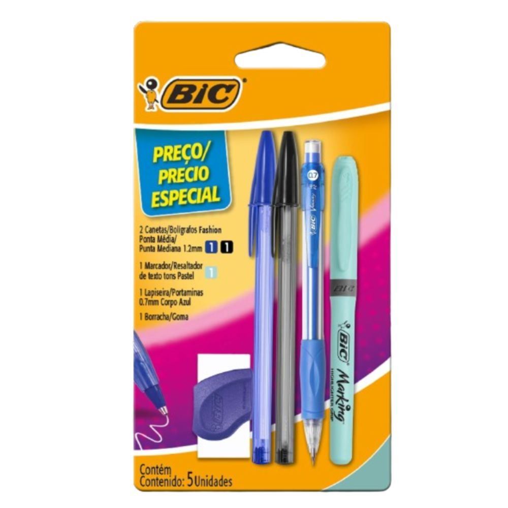 Kit Escolar Bic 2 Canetas + 1 Lapiseira + 1 Marcador + 1 Borracha - 935275