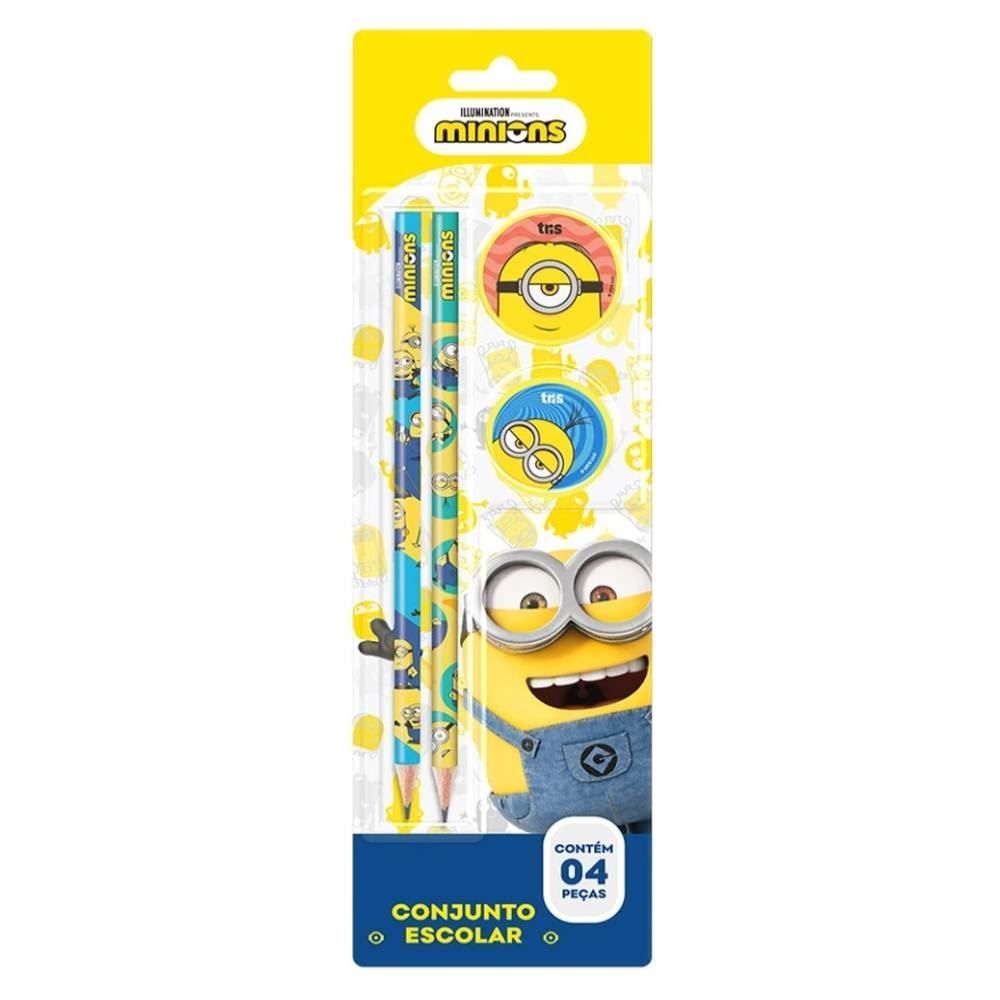 Kit Escolar Com Lápis + Borracha + Apontador Tris - Minions