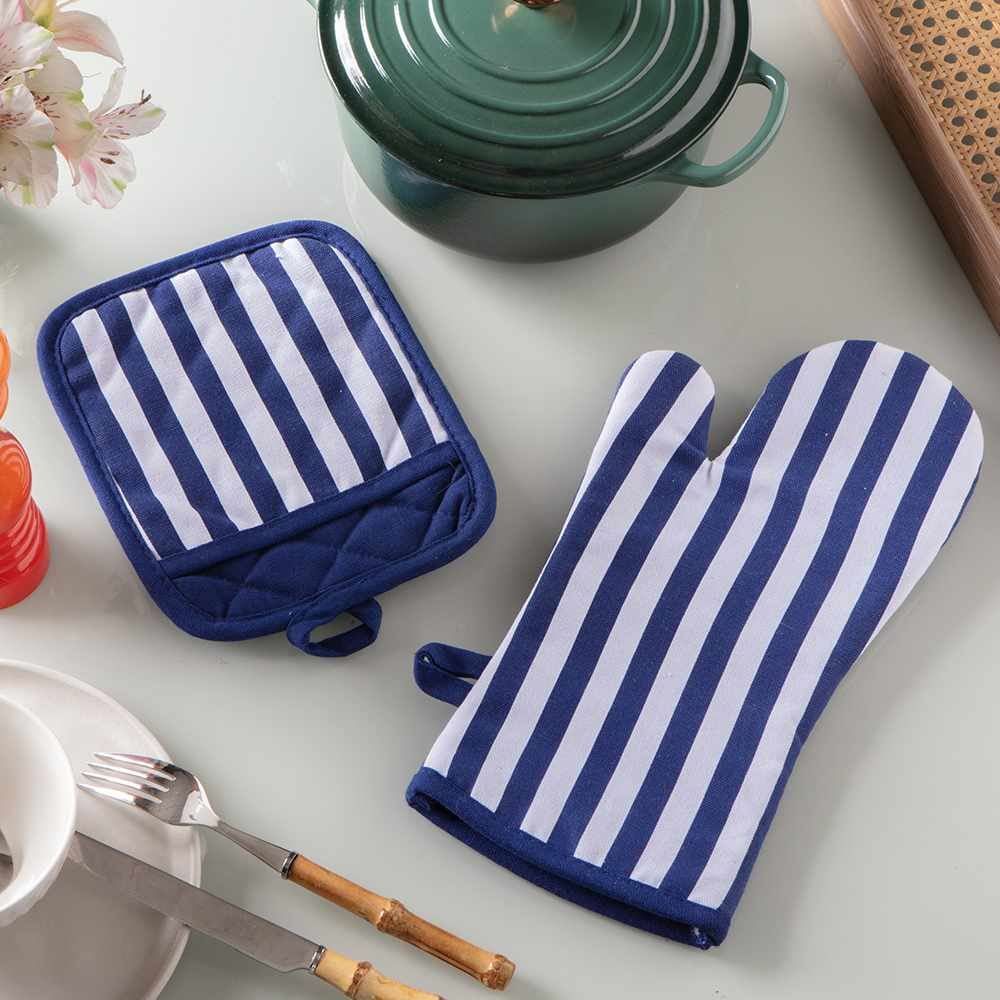 Kit Luva E Pegador De Panelas Jolitex - Listras Azul 