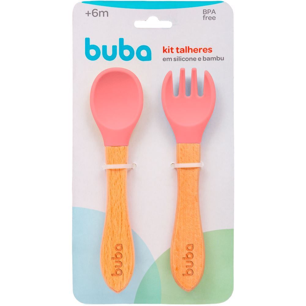 Kit Talheres Silicone E Bambu Buba - Rosa Claro