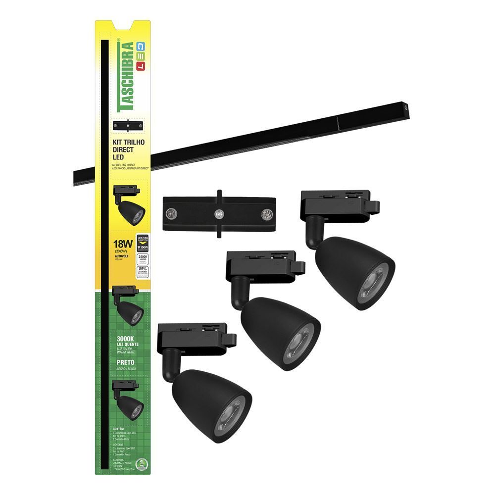 Kit Trilho Spots LED Direct 3x6W Taschibra - Preto