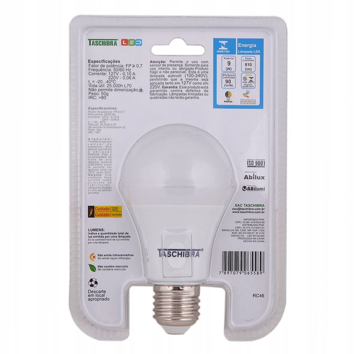 Lâmpada LED 9W 6500K Luz Fria TKL60 Taschibra - Bivolt