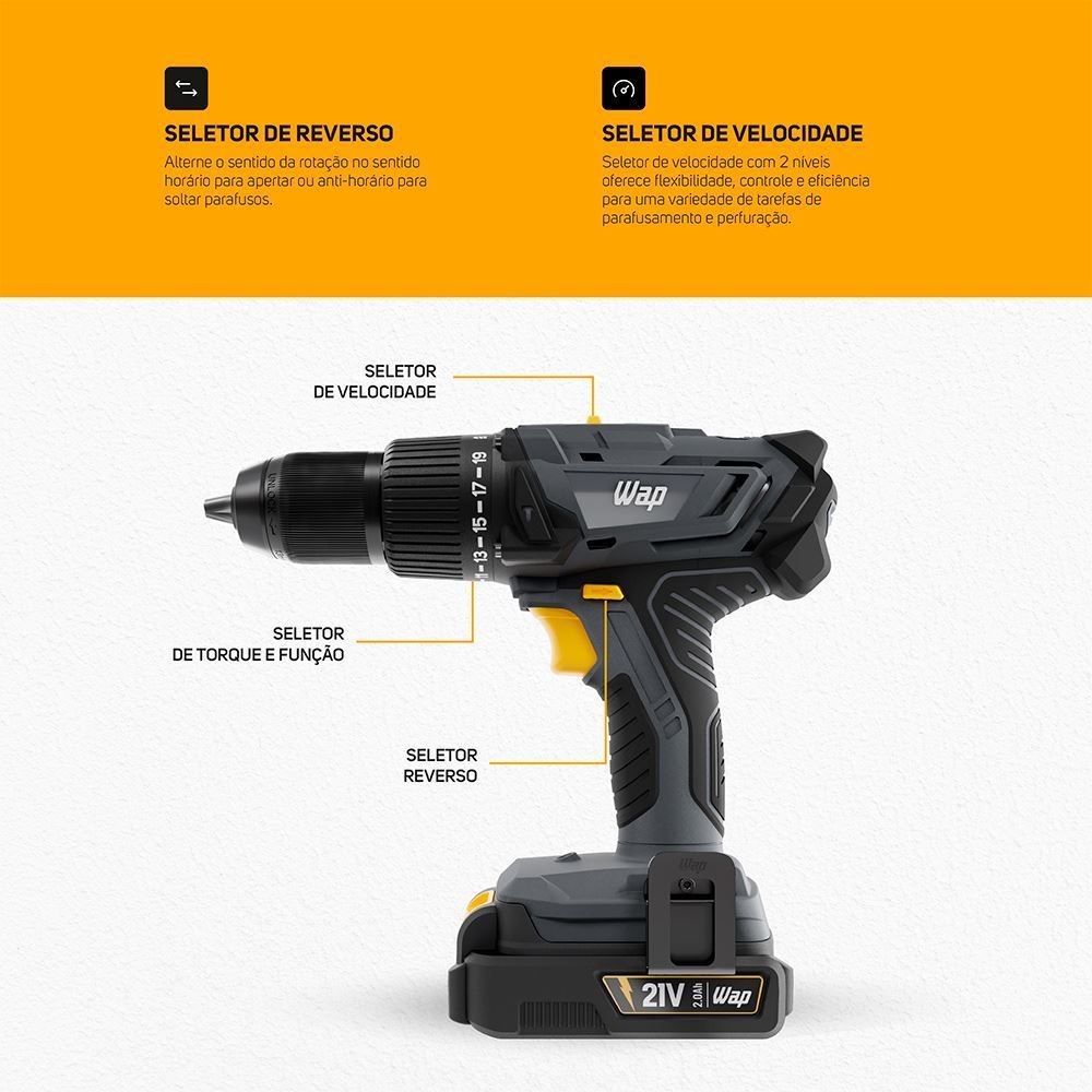 Parafusadeira E Furadeira Com Impacto Wap 1/2" Bateria 21V K21id03 - Bivolt