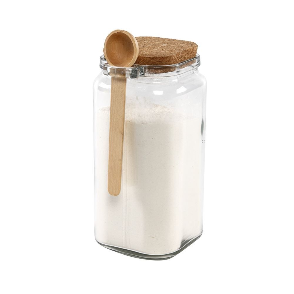 Pote De Vidro Quadrado Com Colher Bambu 1,15L - Transparente e Bambu