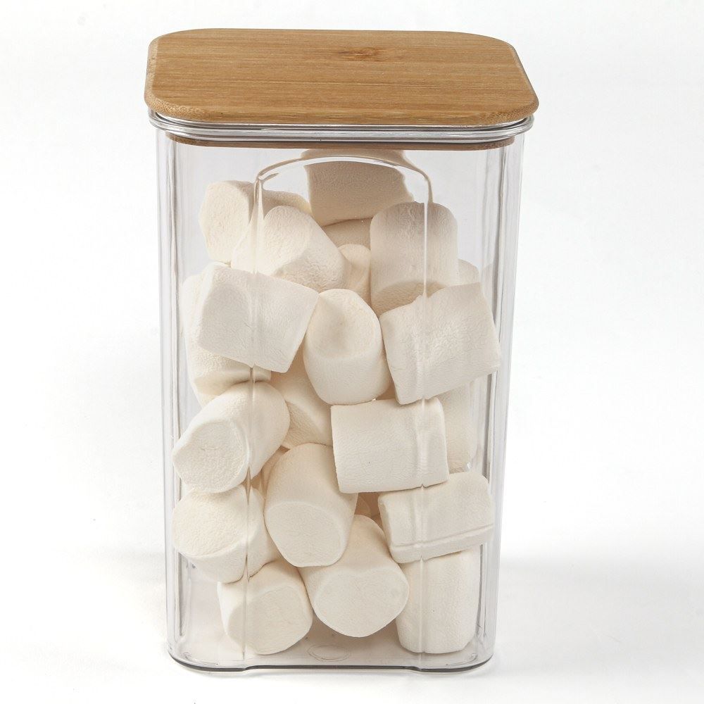 Pote Quadrado De Plástico Com Tampa De Bambu Havan Casa 1,35 Litros - Transparente e Bambu