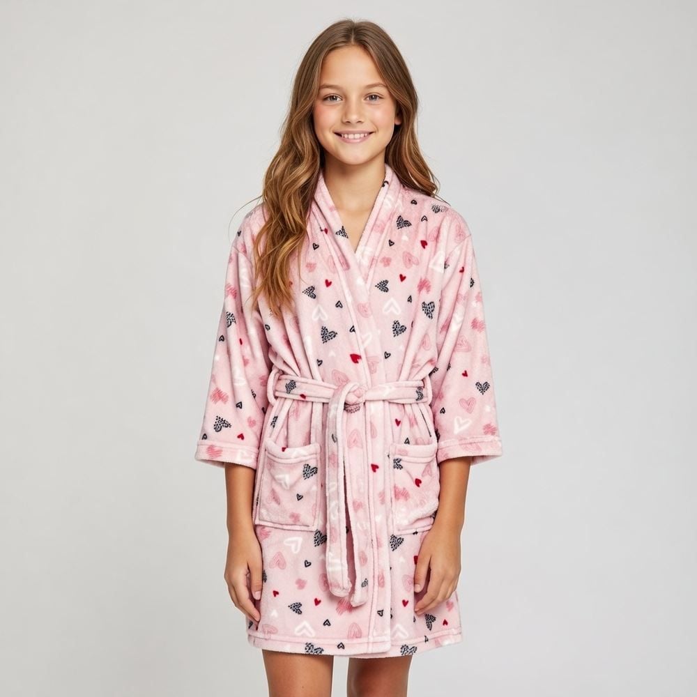 Roupão Infantil G Microfibra Lumini Havan Kids - Coração Rosa