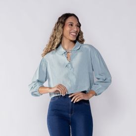 Camisa Feminina Cropped Com Laço Boby Blues Azul Claro