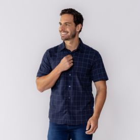 Camisa Masculina De Botão Xadrez Grid Marc Alain Azul Marinho