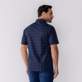 Camisa Masculina De Botão Xadrez Grid Marc Alain Azul Marinho