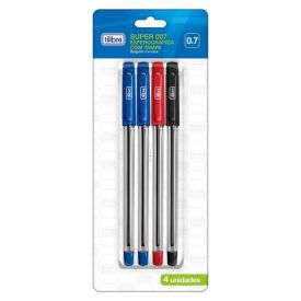 Caneta Esferográfica 0.7Mm Super 007 - Blister Com 4 Unidades Tilibra - 228621
