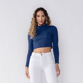 Cropped Feminino Manga Longa Canelado Patricia Foster Azul Marinho