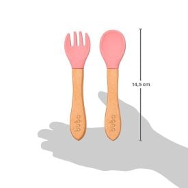 Kit Talheres Silicone E Bambu Buba - Rosa Claro