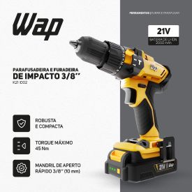 Parafusadeira e Furadeira 3/8&rdquo; Wap K21 Id02 21V Torque 45Nm