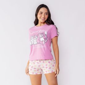 Pijama Feminino Curto Lotso De Algodão Disney Rosa