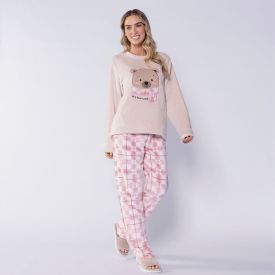Pijama Feminino Longo Em Fleece Rainy Teddy Camila Moretti Bege