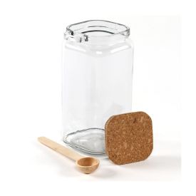 Pote De Vidro Quadrado Com Colher Bambu 1,15L - Transparente e Bambu