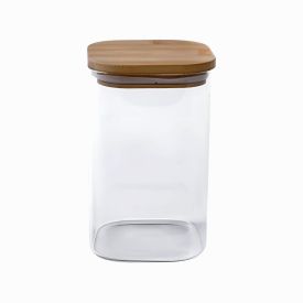 Pote de Vidro Quadrado com Tampa de Bambu Havan Casa 1,4L - Transparente e Bege Natural