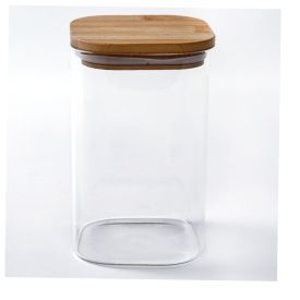 Pote de Vidro Quadrado com Tampa de Bambu Havan Casa 1,4L - Transparente e Bege Natural
