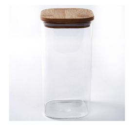Pote de Vidro Quadrado com Tampa de Bambu Havan Casa 1,5L - Transparente e Bege Natural