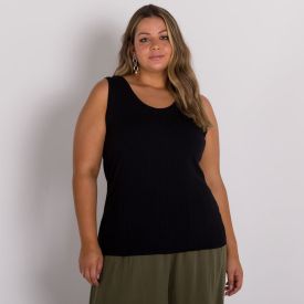 Regata Plus Size Canelada Gola Redonda Patricia Foster Mais Preto