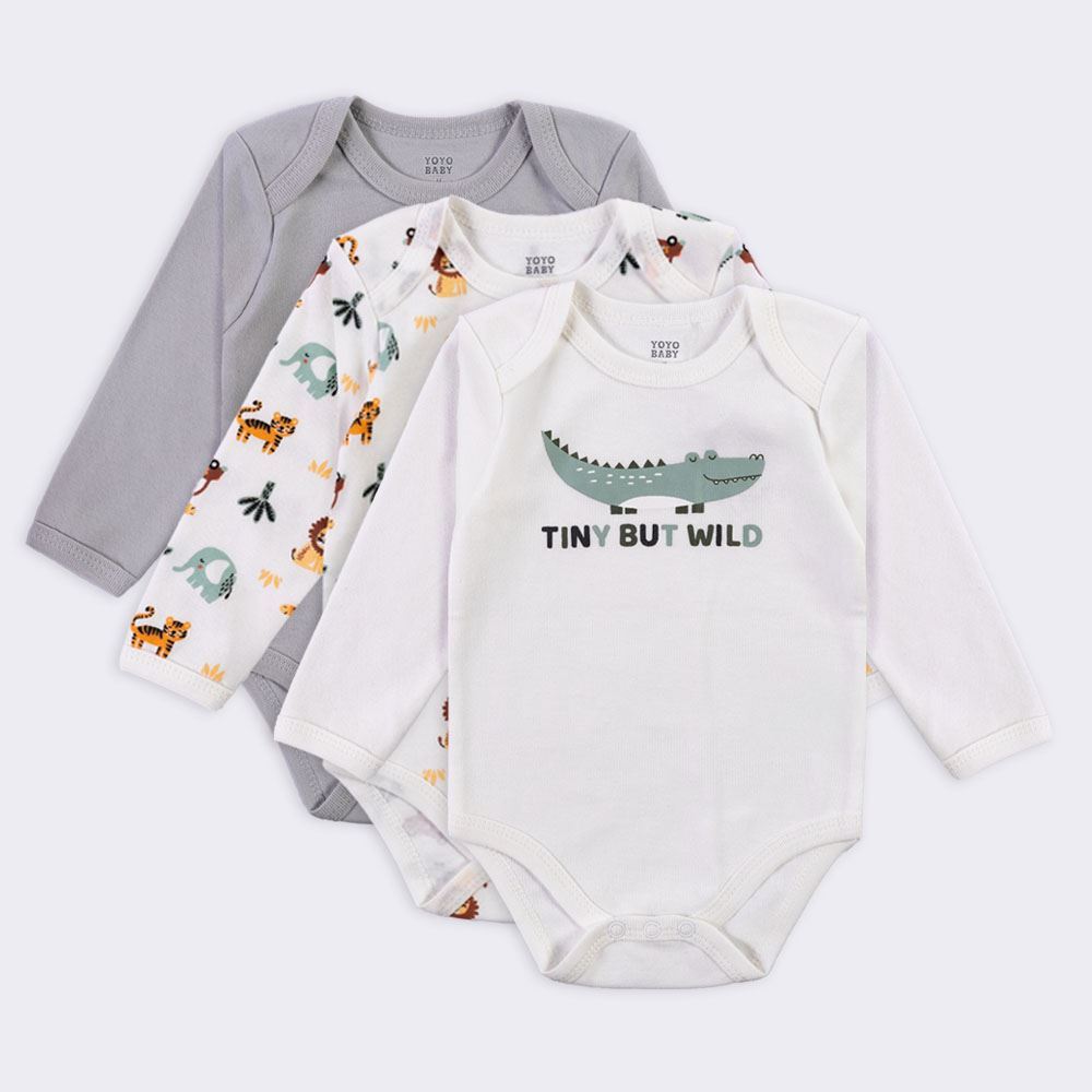 Kit Bebê Body Manga Longa 3 Peças Yoyo Baby Off White Safari