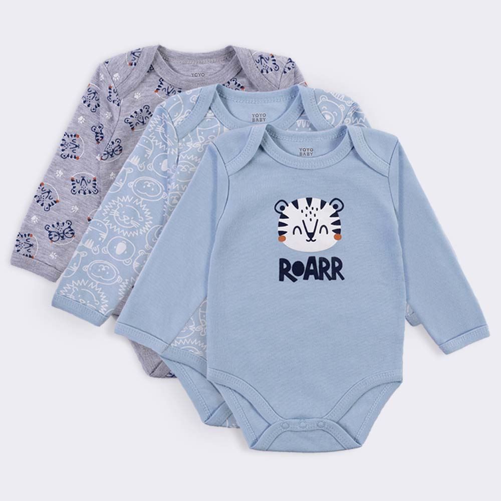 Kit Bebê Body Manga Longa 3 Peças Yoyo Baby Azul Claro Tigre