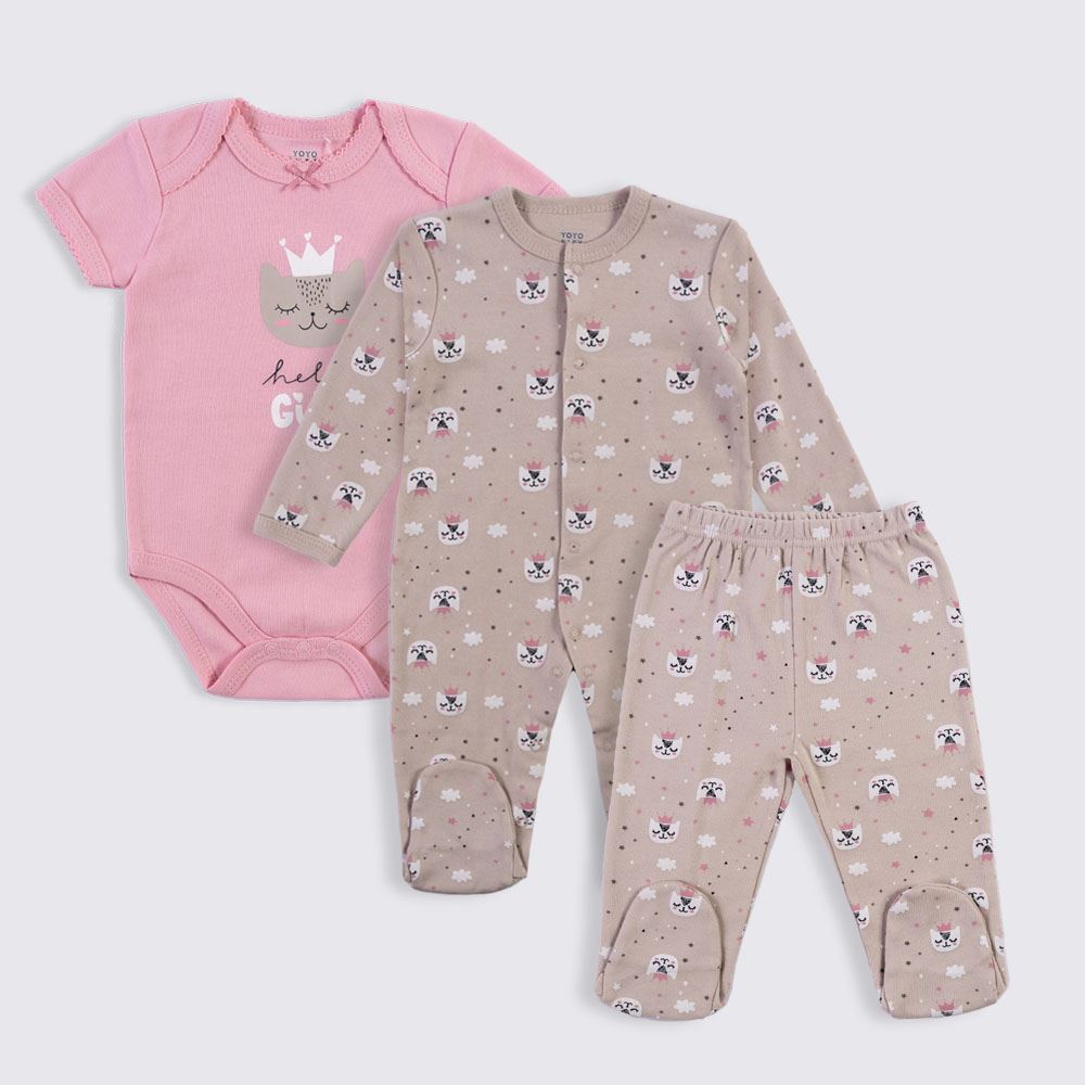 Kit Bebê Macacão, Body e Calça Yoyo Baby Rose Gatinha